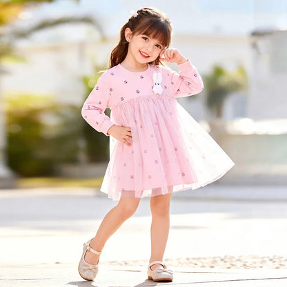 Long Sleeves Flower Design Girls Mesh Dress