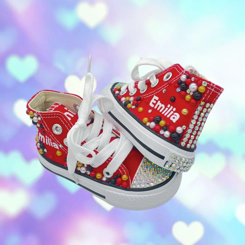 Kids Girls Pink Sparkle Gold Rhinestones Canvas Sneakers