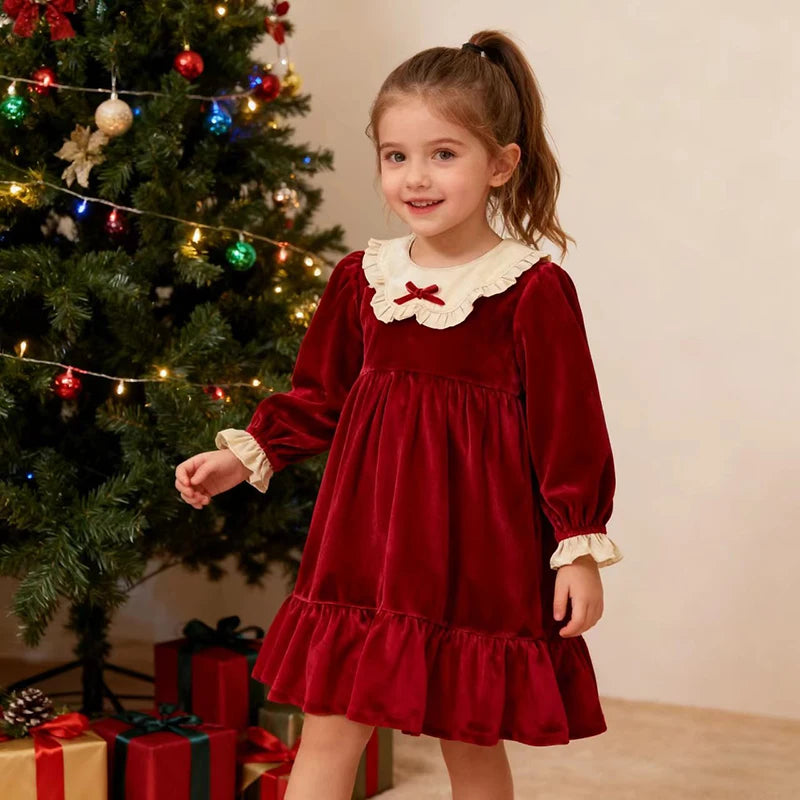 Girls' Long-Sleeved Lace Design Christmas Dresses childrensterritory