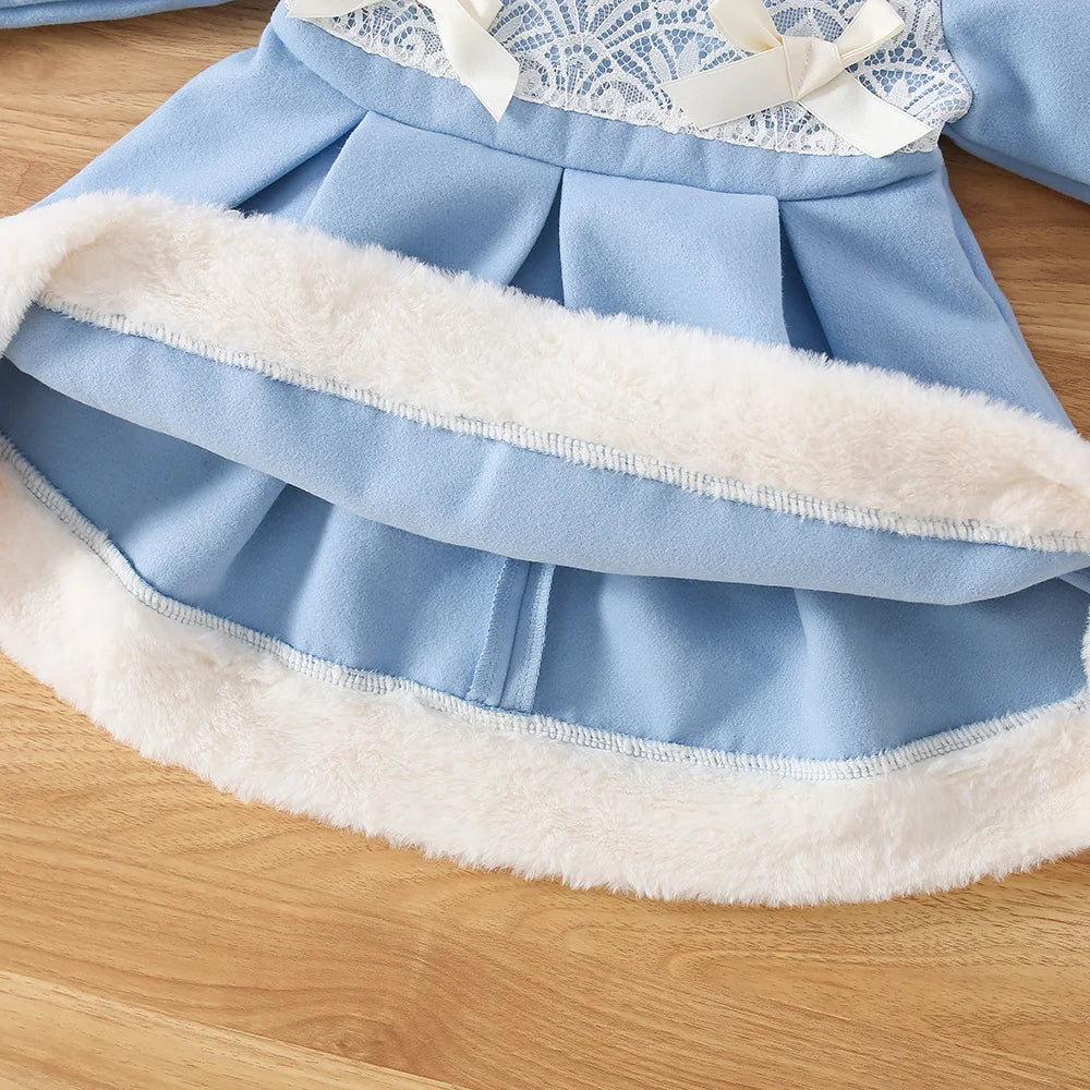Girls' Furry Collar Ribbon Design Winter Dresses