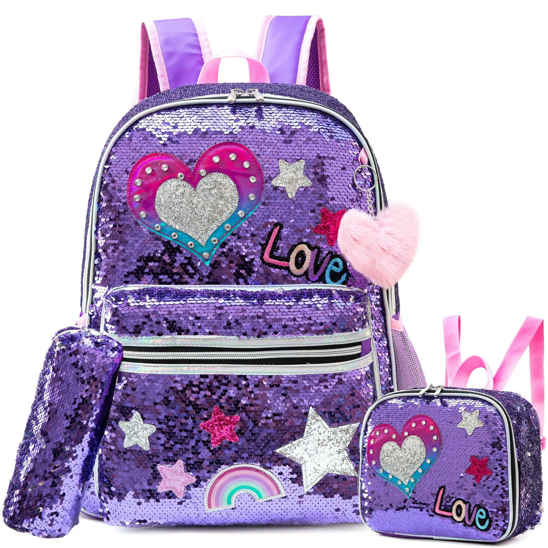 Kids Sequin Backpack with Lunch Box Pencil Case for Girls