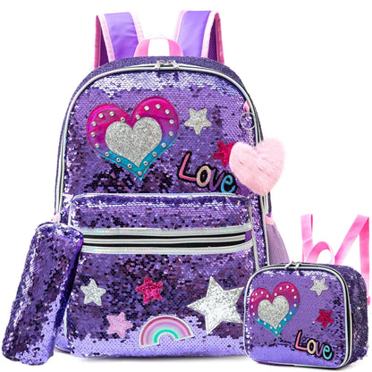 Kids Sequin Backpack with Lunch Box Pencil Case for Girls