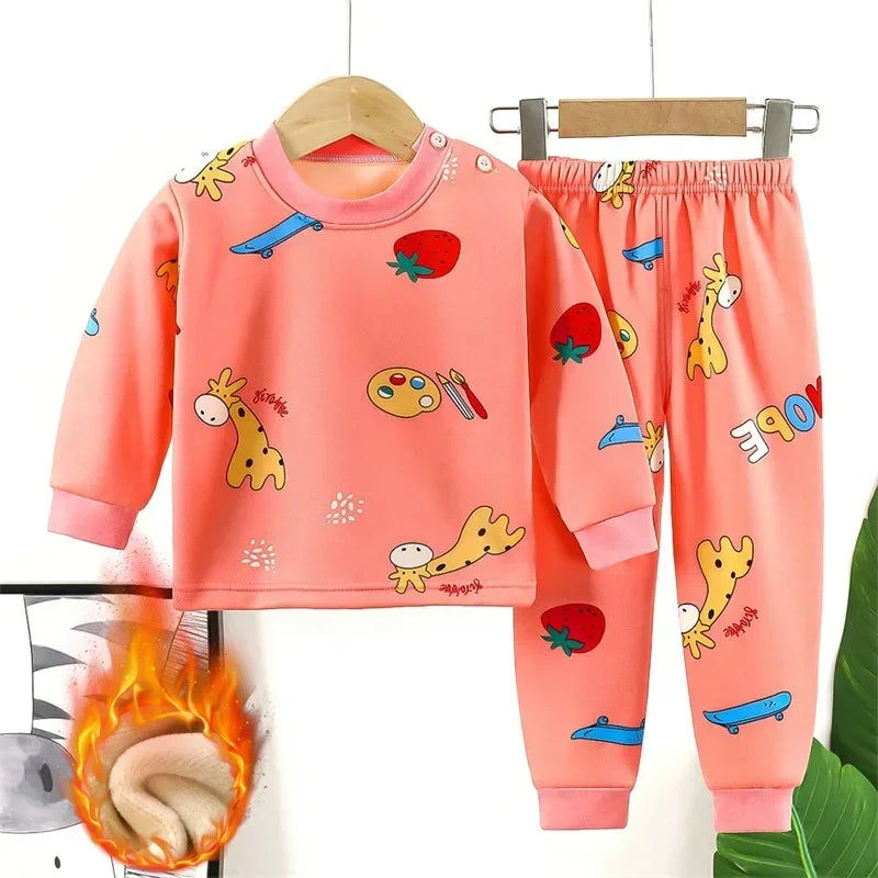 Baby/Kids Thick Warm Cartoon Print Pajamas Set