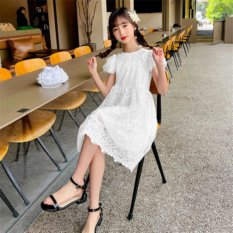 Casual Style Girls Lace Floral Dress For Summer