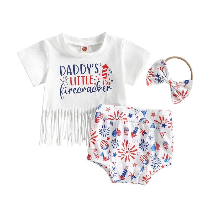 Baby Girl Tassel Tops Cartoon Shorts Headband Outfit for 4th July childrensterritory