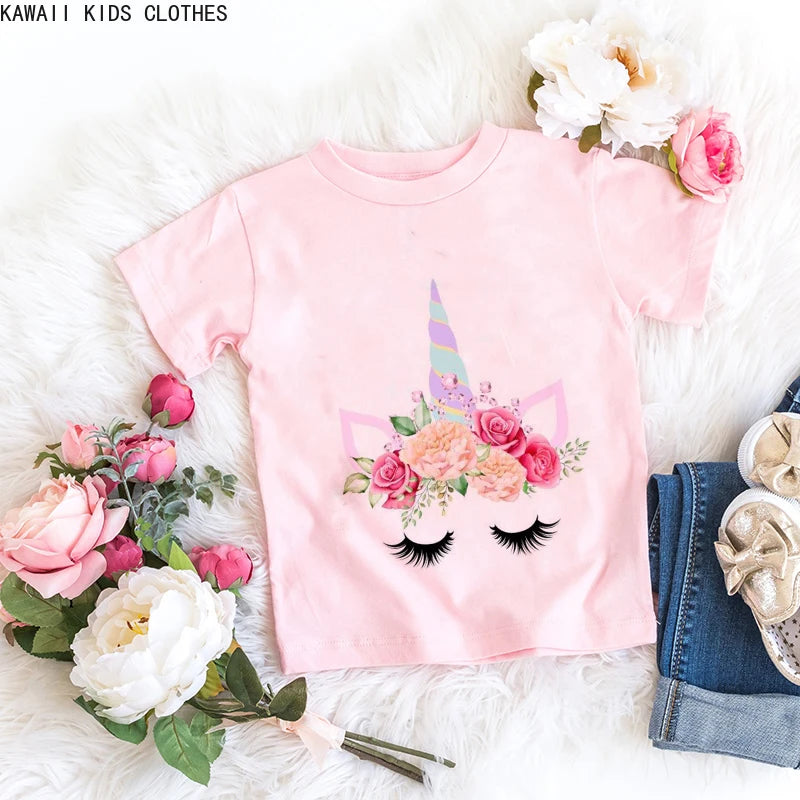 Unicorn Floral Cartoon Printed Girls Summer Tees childrensterritory