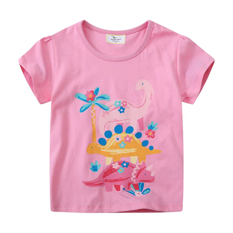 Dinosaurs Cartoon Print Summer T-Shirts For Girls