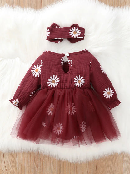 Baby Girl Flowers Print Tulle Bodysuit with Headband