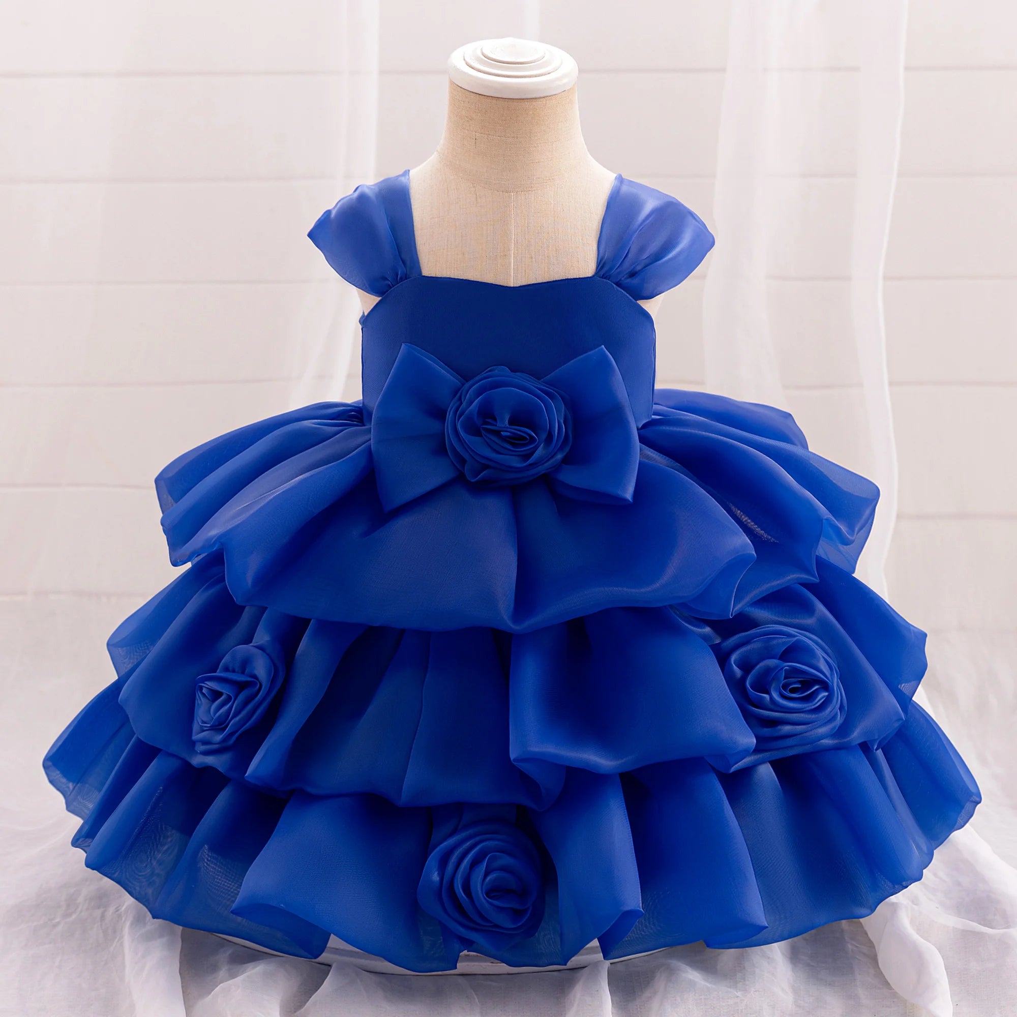Elegant 3D Rose Flower Tiered Design Baby Christening Dresses