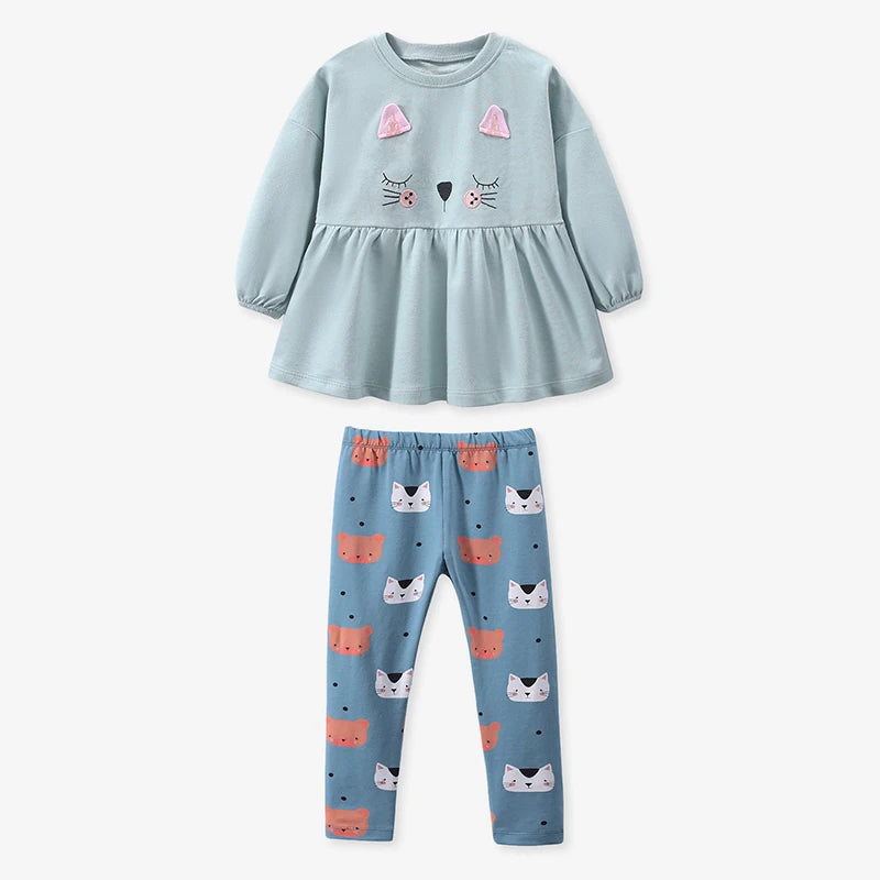 Kids Girls Lovely Cartoon Cat Print T-Shirts + Pants Clothing Sets childrensterritory