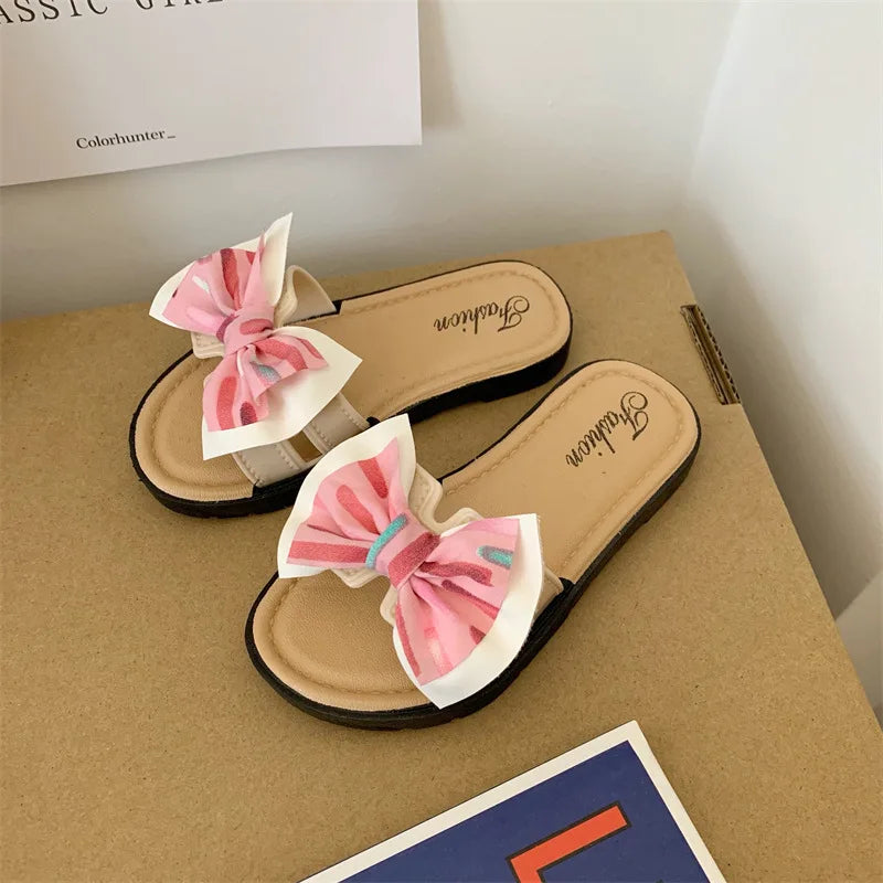 Open-toe Bow Decor Casual Kids Girls Slippers for Indoor/Outdoor