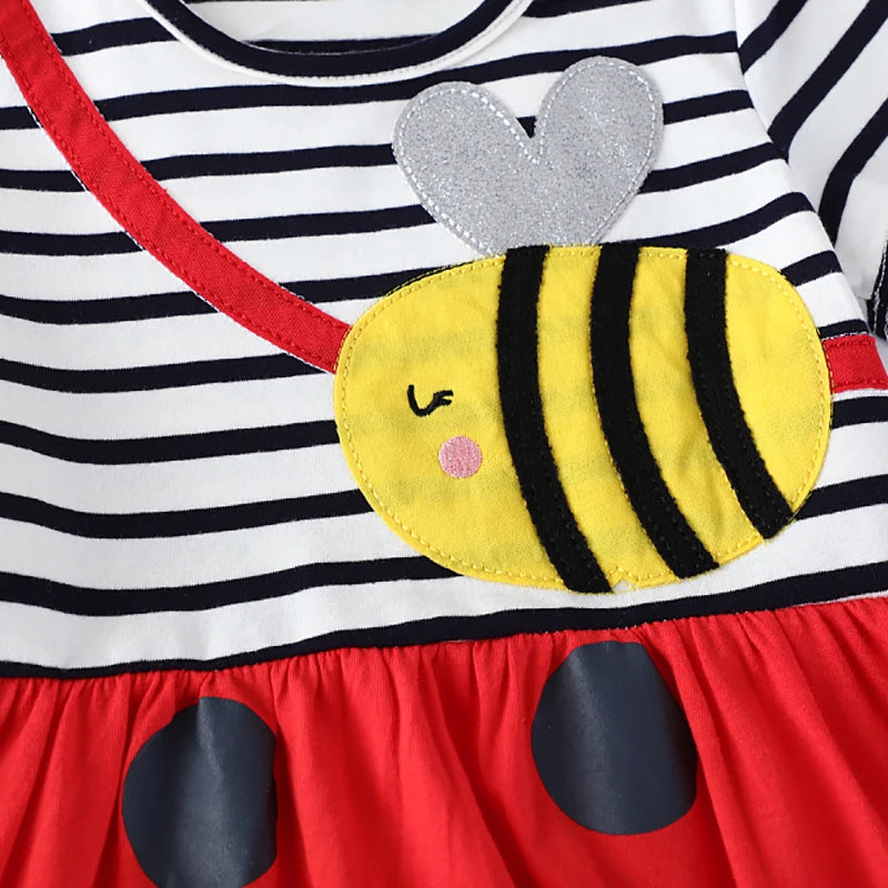 Girls Striped Bees Cartoon Print Casual Summer Dresses childrensterritory