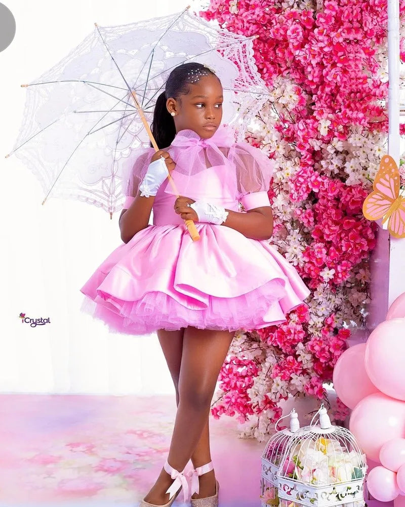 Pink Fluffy Bow Design Birthday Party Dresses For Girls