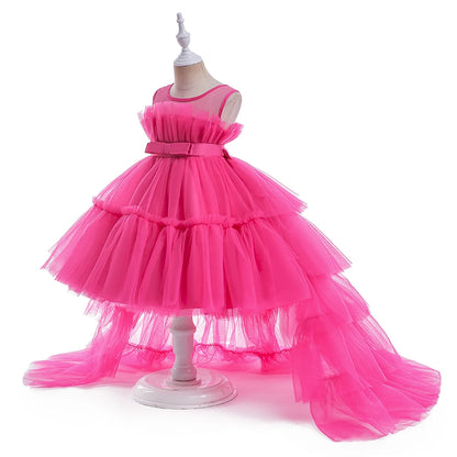 Kids Girls Formal Puffy Princess Wedding Birthday Dress with Trail