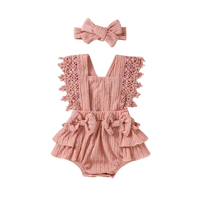 Baby Girl Cotton Linen Bow-knot Sleeveless Romper