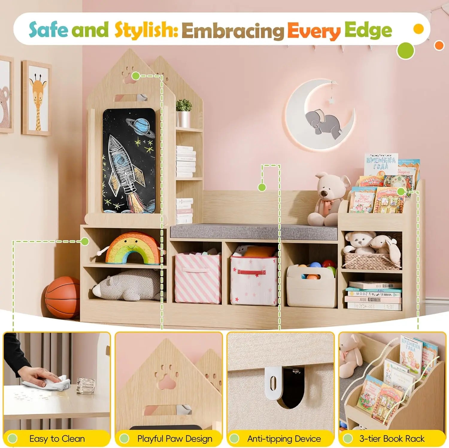 Kids Wooden Bookshelf with Chalkboard and Bench