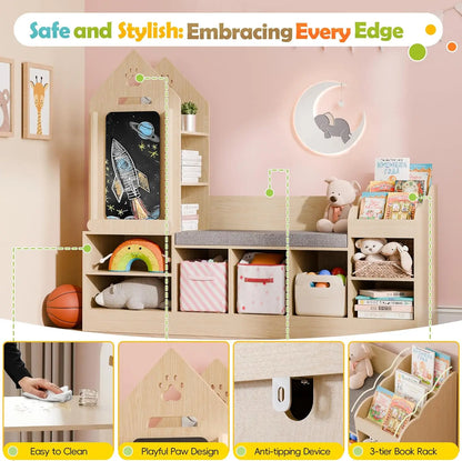 Kids Wooden Bookshelf with Chalkboard and Bench childrensterritory