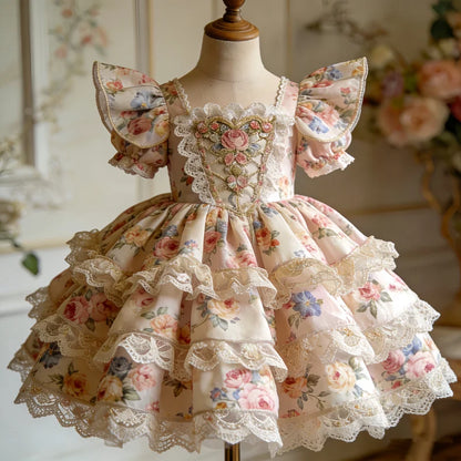 Kids Girls Floral Print Lace Patchwork Summer Princess Dress