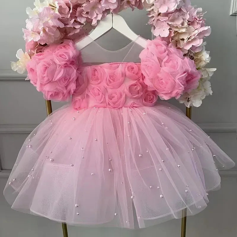 Girls Rose Design Fluffy Birthday Party Dresses