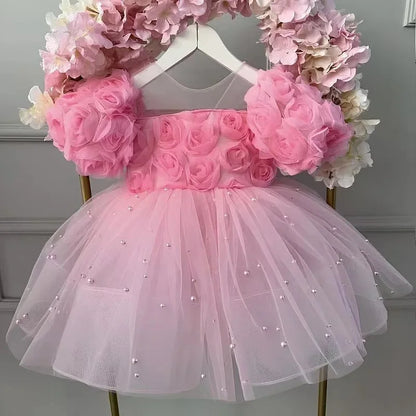 Girls Rose Design Fluffy Birthday Party Dresses
