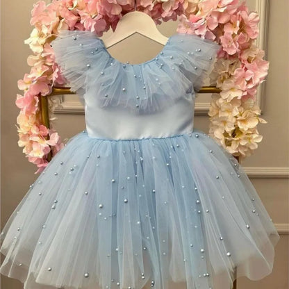 Pearls Design Cute Tulle Gown with Big Bow for Infant Girls