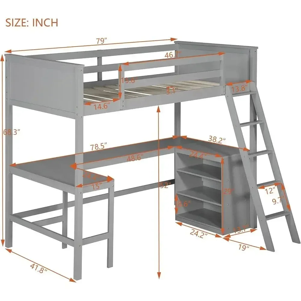 Twin Size Wooden Loft Bed with Under-Bed Storage - Gray