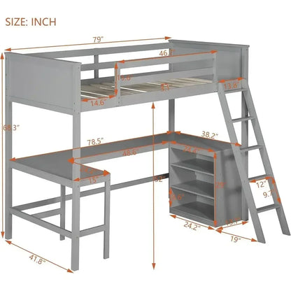 Twin Size Wooden Loft Bed with Under-Bed Storage - Gray
