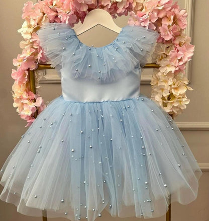 Pearls Design Cute Tulle Gown with Big Bow for Infant Girls