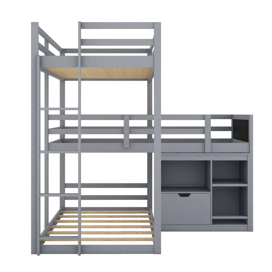 L-shaped Wooden Triple Bunk Bed With a Ladder and Storage Cabinet childrensterritory