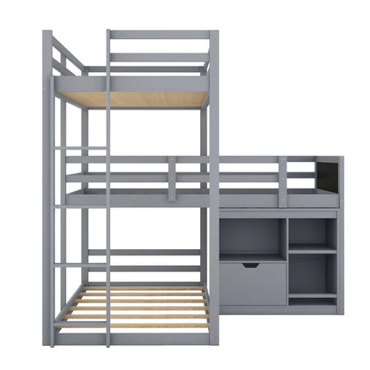 L-shaped Wooden Triple Bunk Bed With a Ladder and Storage Cabinet childrensterritory