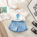 2Pcs Baby Girls Short Sleeved Tees and Plaid Shorts Outfit Set childrensterritory