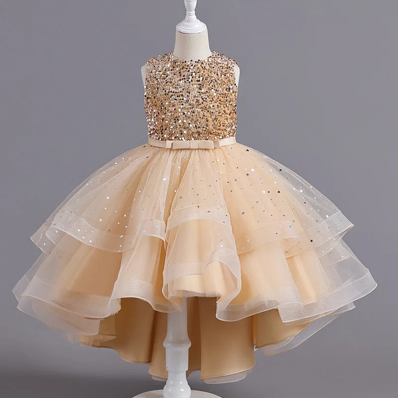 Kids Girls Sequins Design Fluffy Princess Party Trailing Dresses