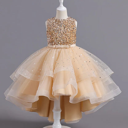 Girl Sleeveless Sequins Flower Design Puffy Party Dresses