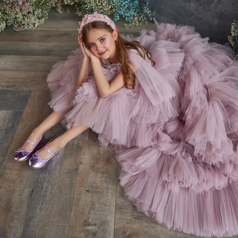 Little Girls Puffy Wedding Party Pageant Gown with Long Tail