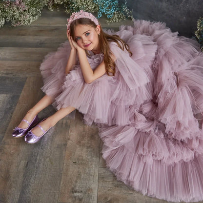 Little Girls Puffy Wedding Party Pageant Gown with Long Tail