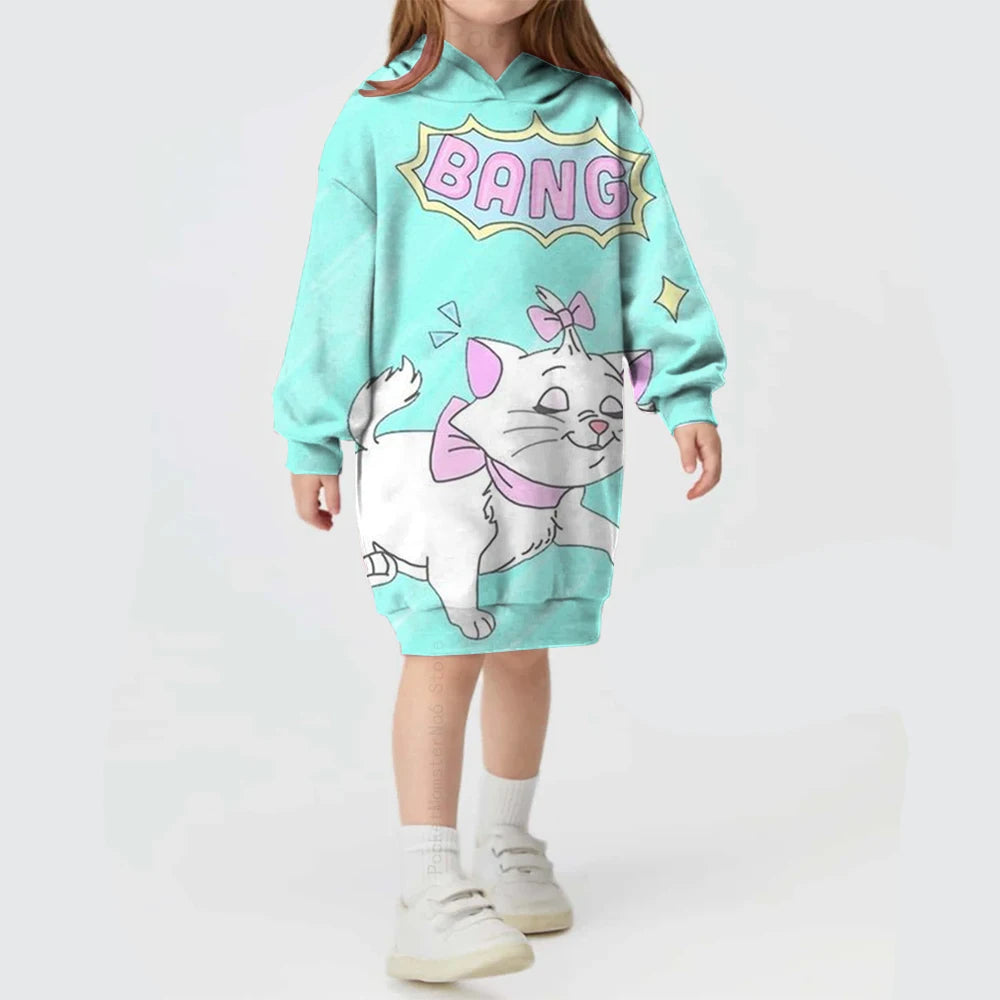 Kids Girls Cute Cat Print Casual Hoodie Dresses