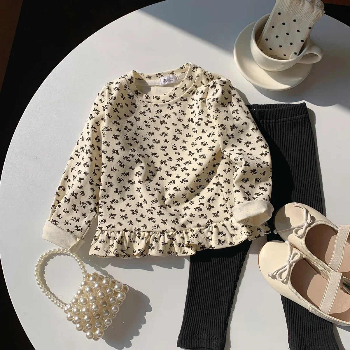 Little Girls Stylish Print Tops with Pant Outfit Set for Autumn