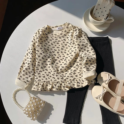 Little Girls Stylish Print Tops with Pant Outfit Set for Autumn