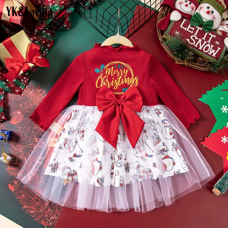 Girls' Long-Sleeved Bow Design Christmas Party Dresses