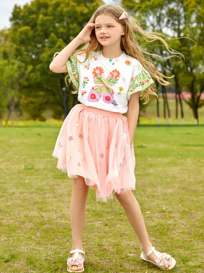 Cartoon Print Kids Girls T-shirt and Layered Skirt Set childrensterritory
