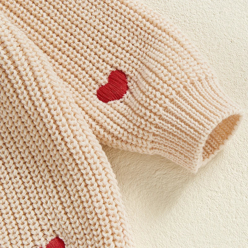 Baby Girl Heart Print Crew Neck Knitted Sweaters childrensterritory