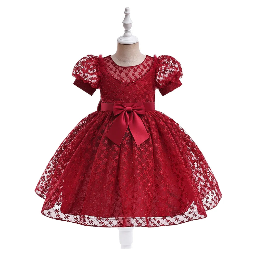 Bridemaid Flower Bow-Designed Princess Dress for Kids Girls