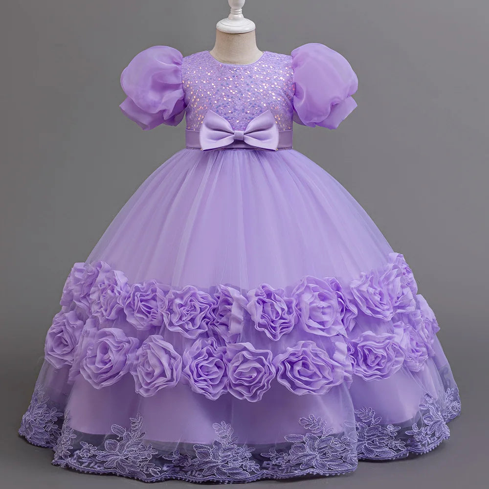 Flower Appliqués and Sequin Design Girls Long Party Dresses childrensterritory