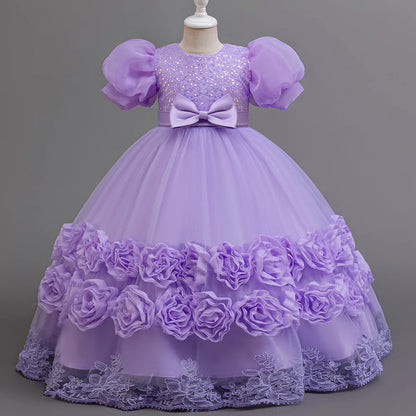 Flower Appliqués and Sequin Design Girls Long Party Dresses childrensterritory