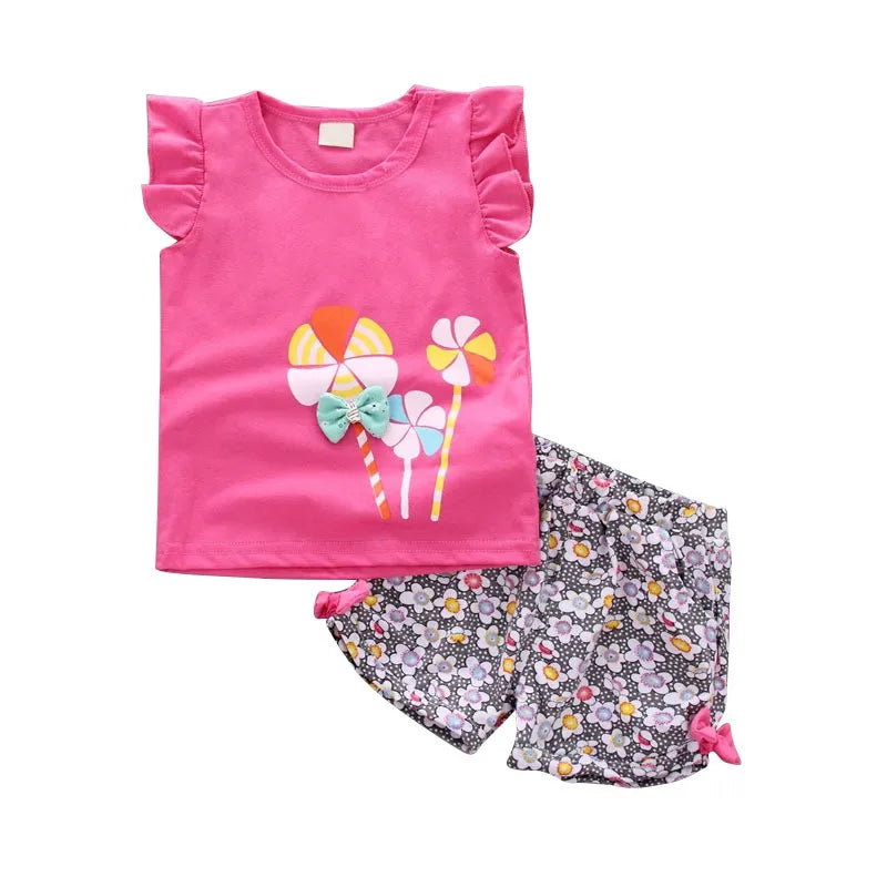 2PCS Baby Girl Summer Outfit: Floral Shorts + Windmill Printed Top childrensterritory