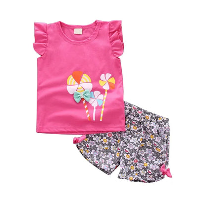 2PCS Baby Girl Summer Outfit: Floral Shorts + Windmill Printed Top childrensterritory