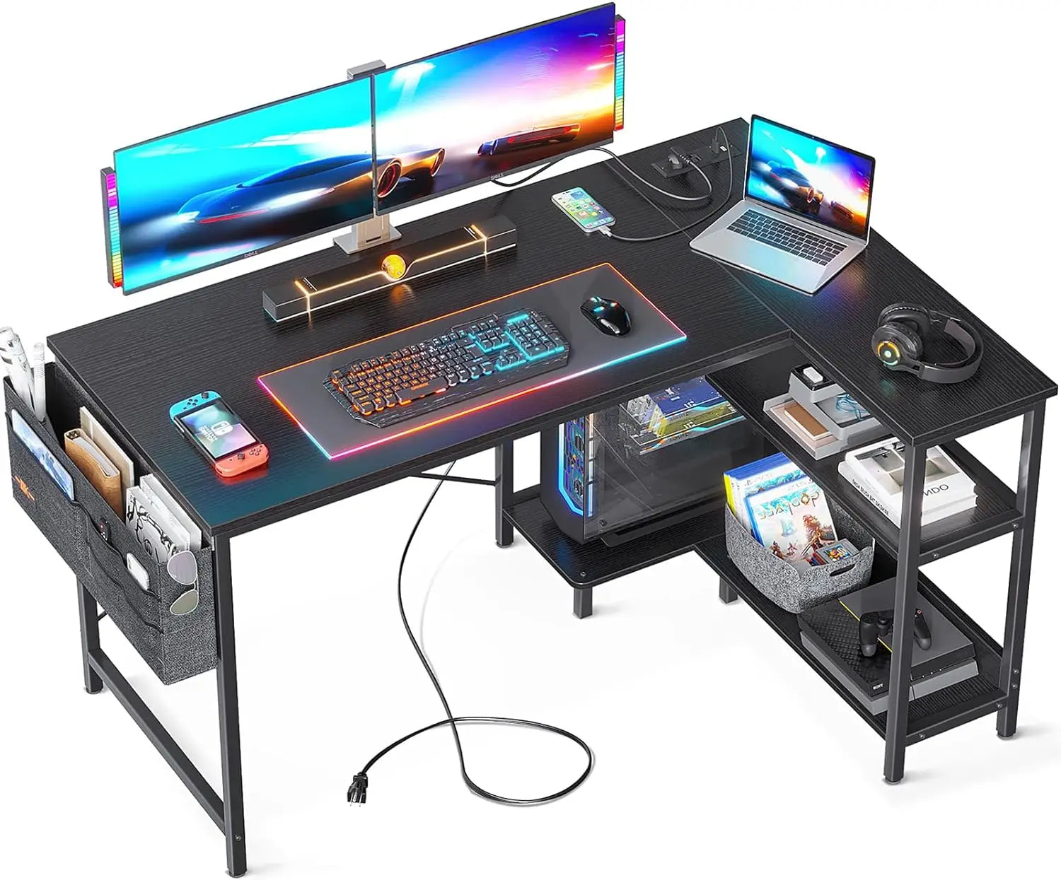4L-shaped Gaming Computer Desk with Power Outlets childrensterritory