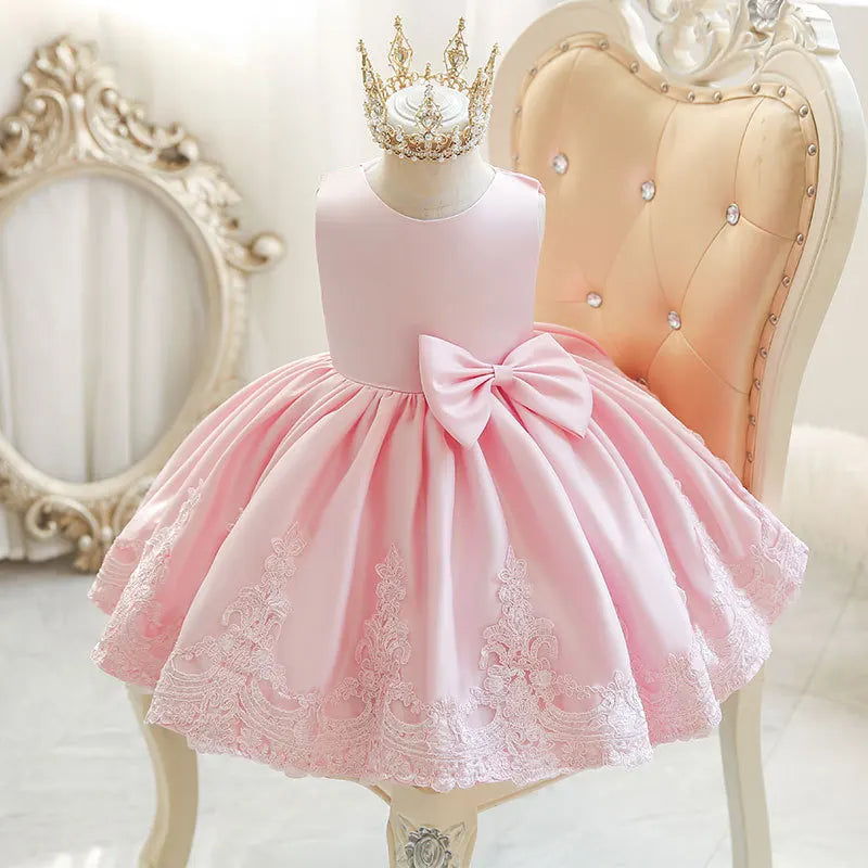 Sleeveless Bow Design Solid Lace Party Dresses For Girls childrensterritory