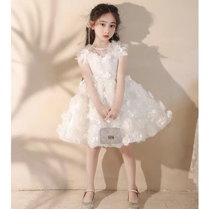3D Flower Puffy Sleeve Girls White Lace Dresses for Birthday childrensterritory