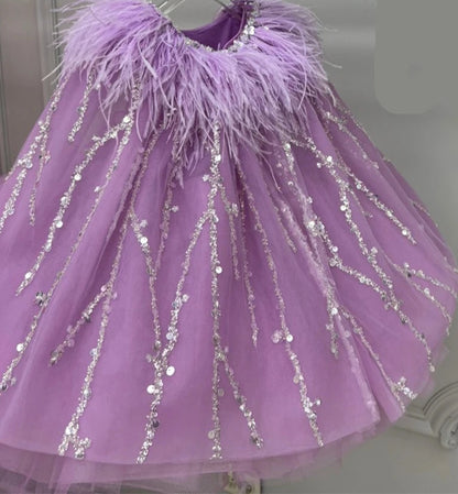 Kids Girls Beading Sequin Ball Gown/Party Dresses with Feather Cape